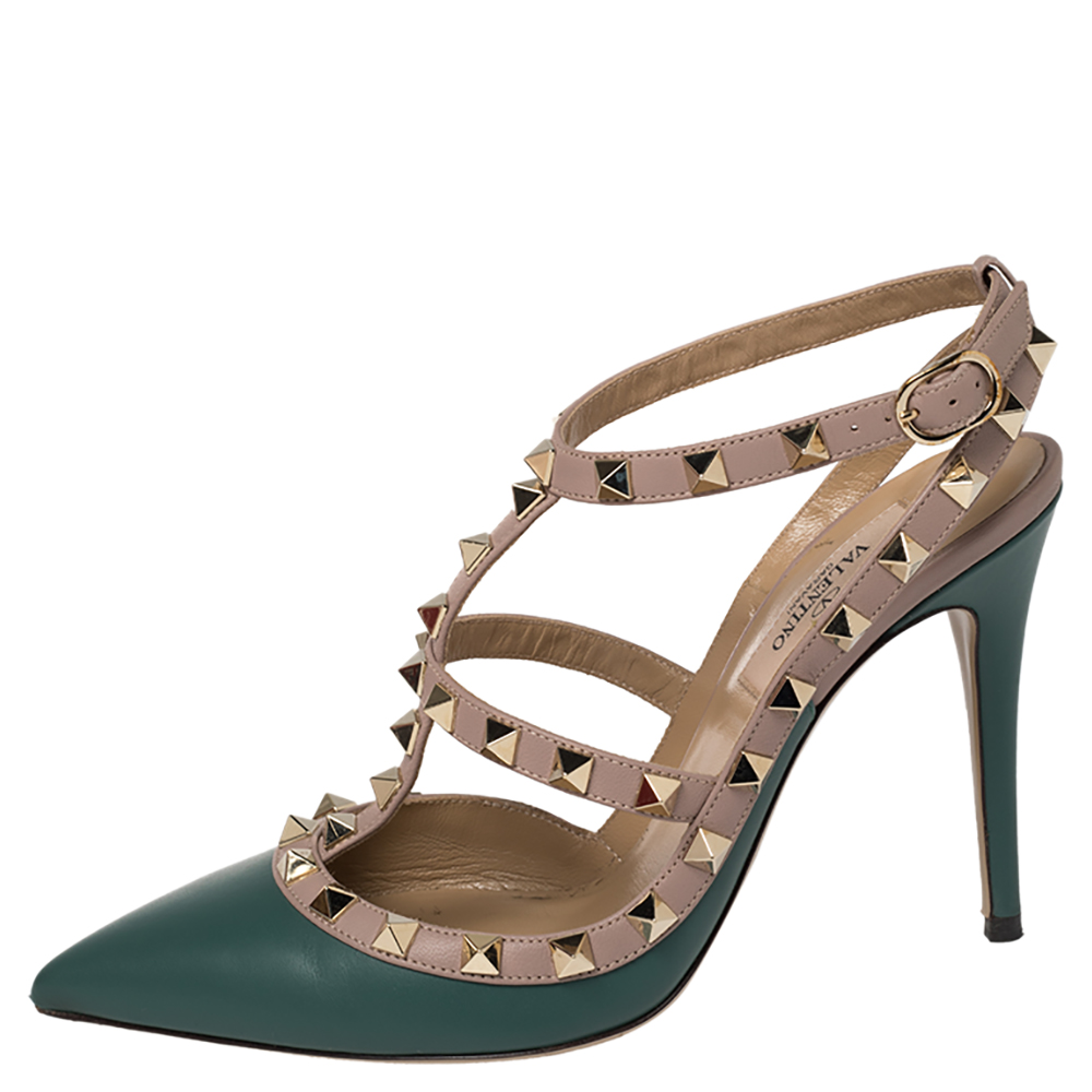 

Valentino Green/Beige Leather Rockstud Ankle Strap Sandals Size