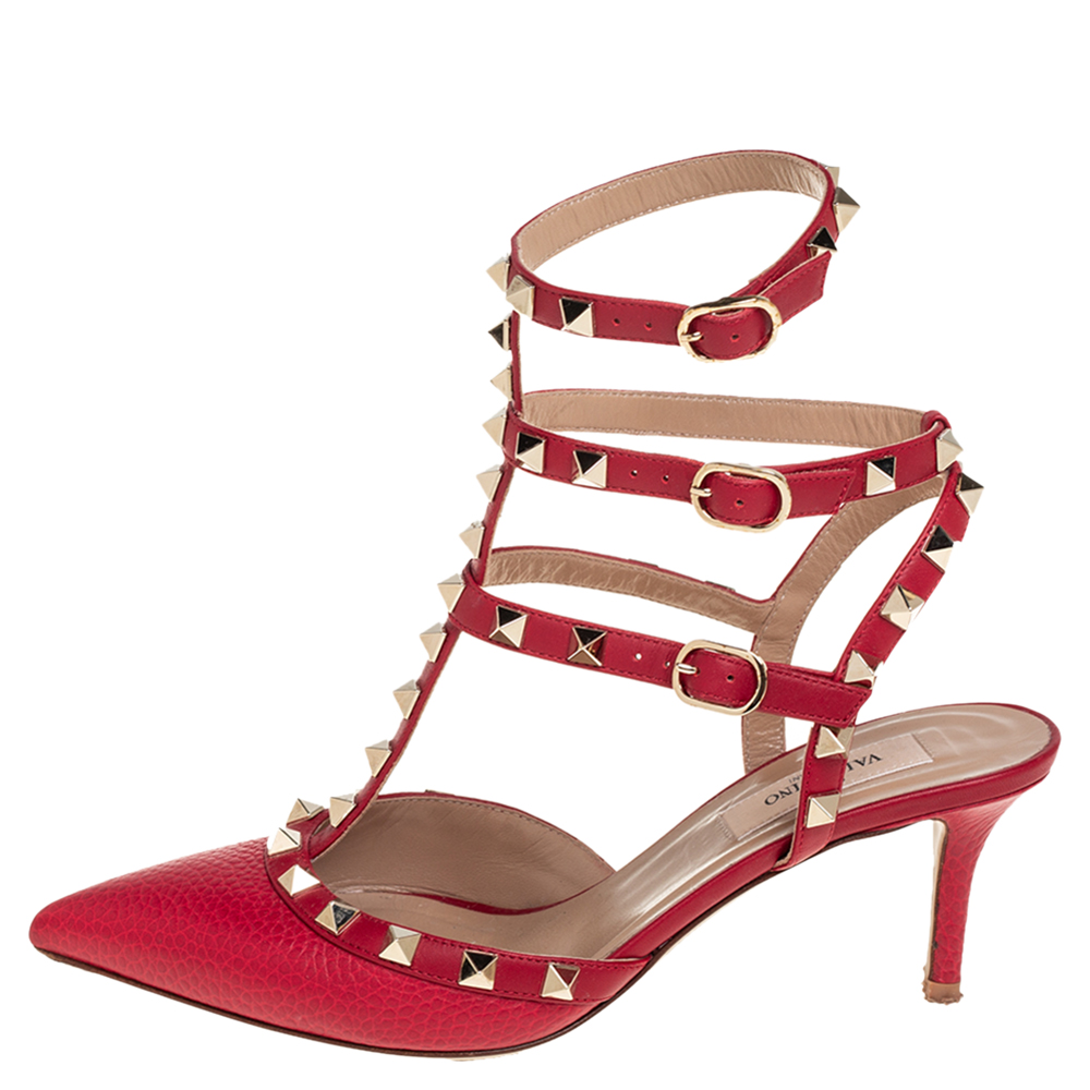 

Valentino Red Leather Rockstud Ankle Strap Sandals Size