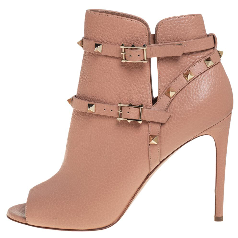 

Valentino Beige Leather and Rockstud Peep Toe Booties Size