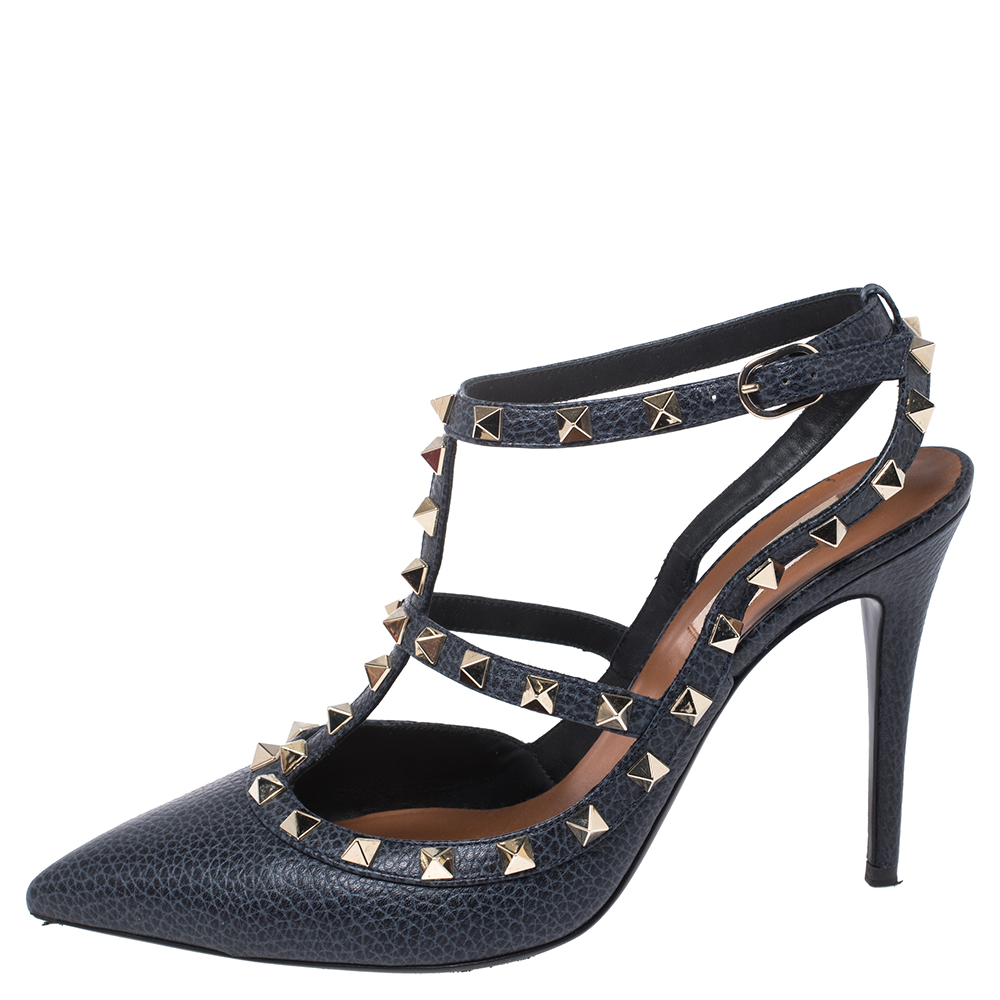 

Valentino Dark Blue Leather Rockstud Ankle Strap Sandals Size
