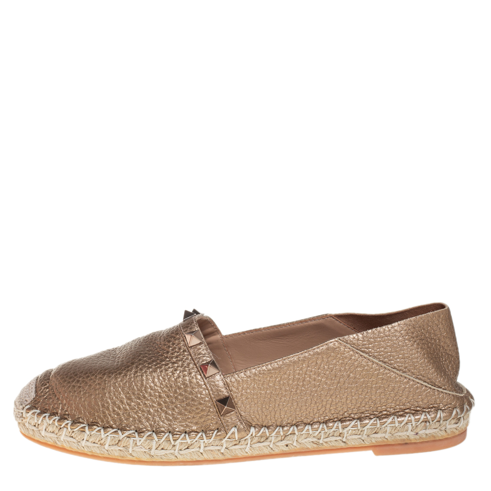 

Valentino Gold Leather Rockstud Espadrilles Flats Size