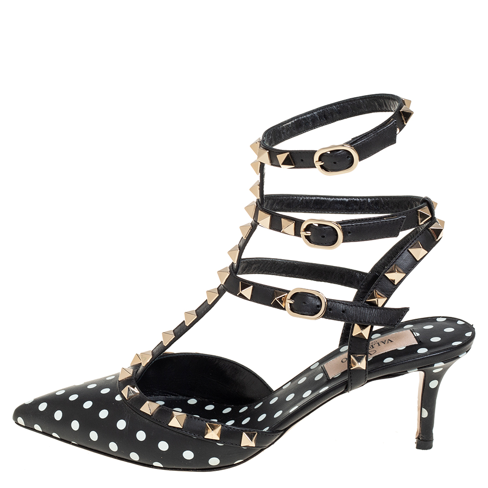 

Valentino Black/White Polka Dot Leather Rockstud Ankle Strap Sandals Size