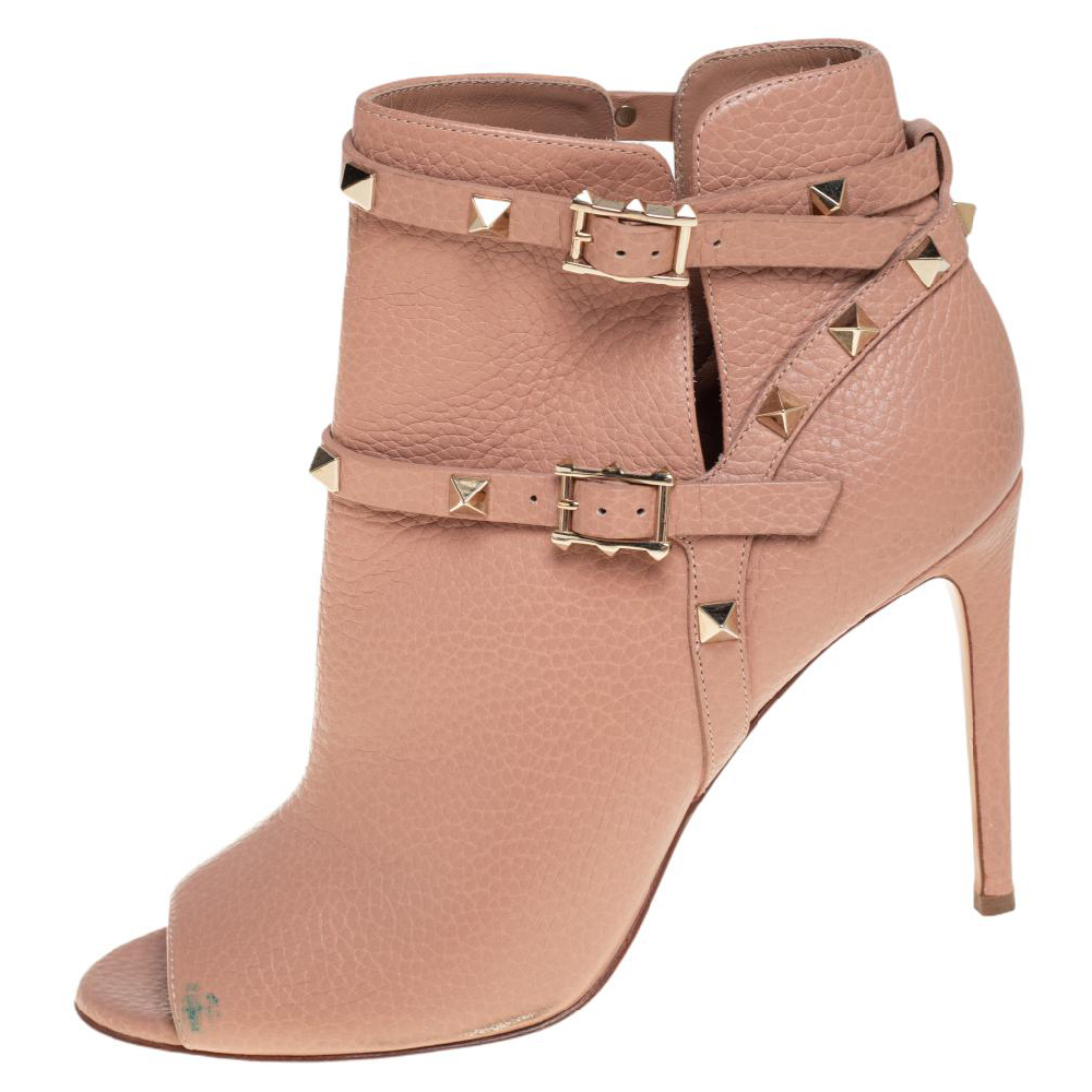 

Valentino Beige Leather Studded Ankle Strap Open Toe Booties Size