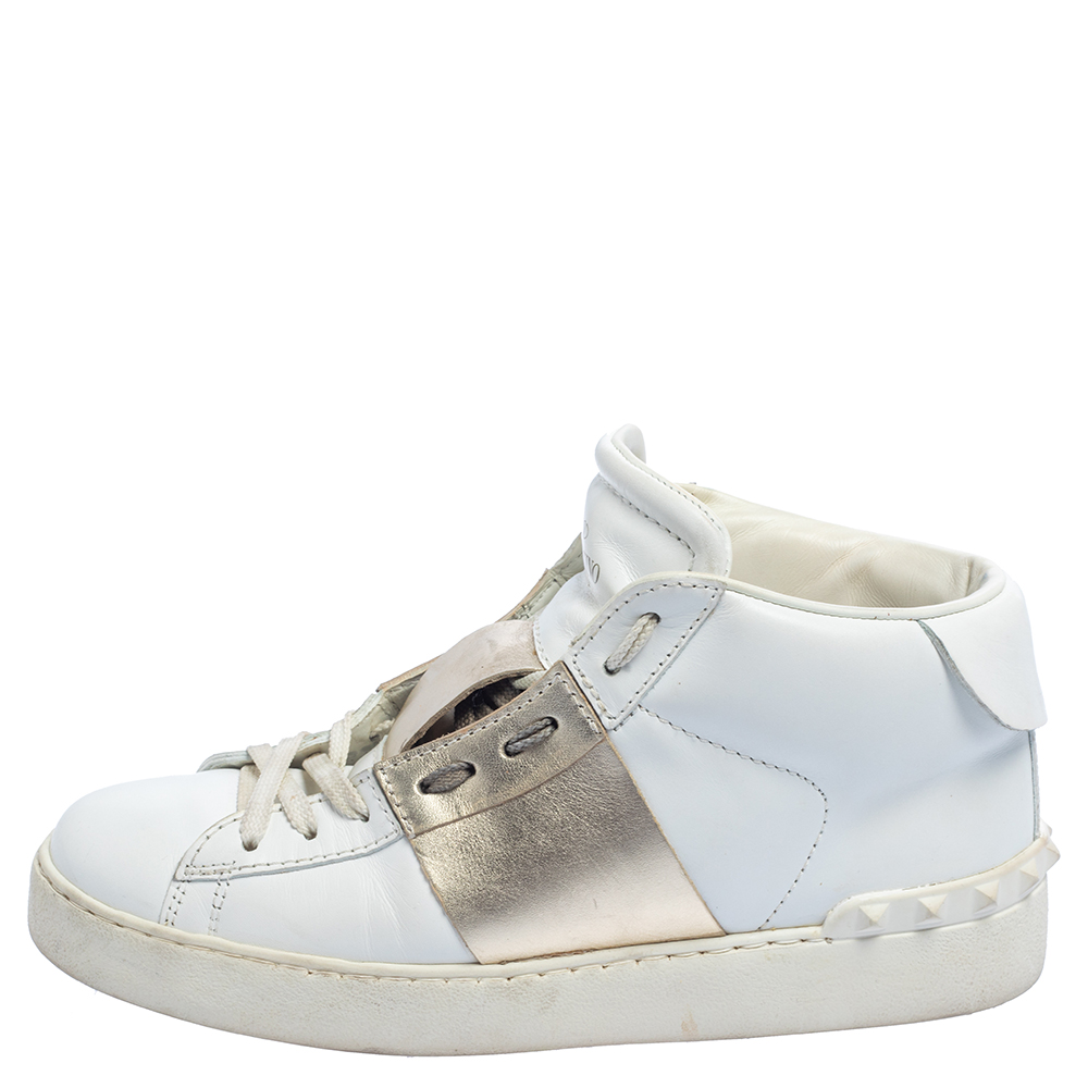 

Valentino White/Gold Leather Rockstud High Top Open Sneakers Size