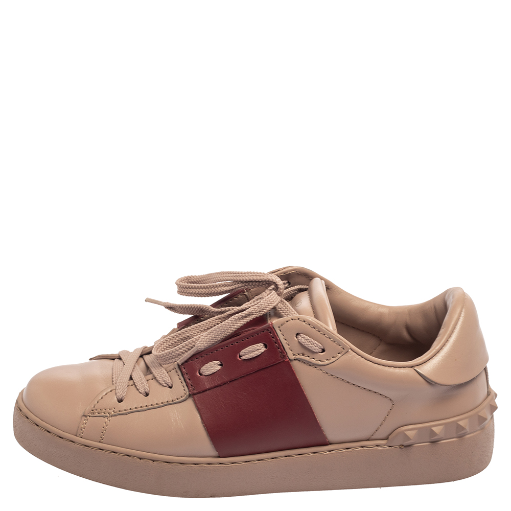 

Valentino Beige/Burgundy Leather Rockstud Low Top Open Sneakers Size