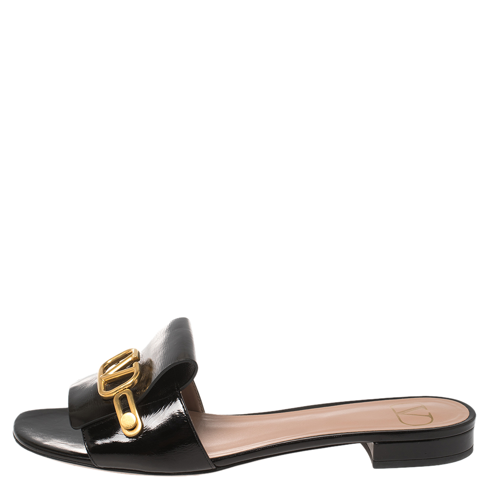 

Valentino Black Patent Leather VLogo Slide Flats Size