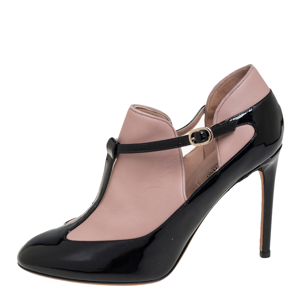 

Valentino Black/Pink Patent And Leather T-Strap Booties Size