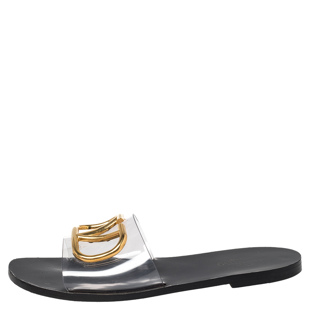

Valentino White/Black PVC Vlogo Slide Sandals Size