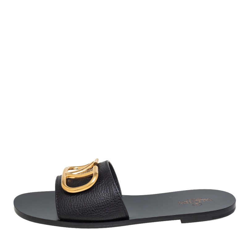 

Valentino Black Leather VLogo Slide Sandals Size