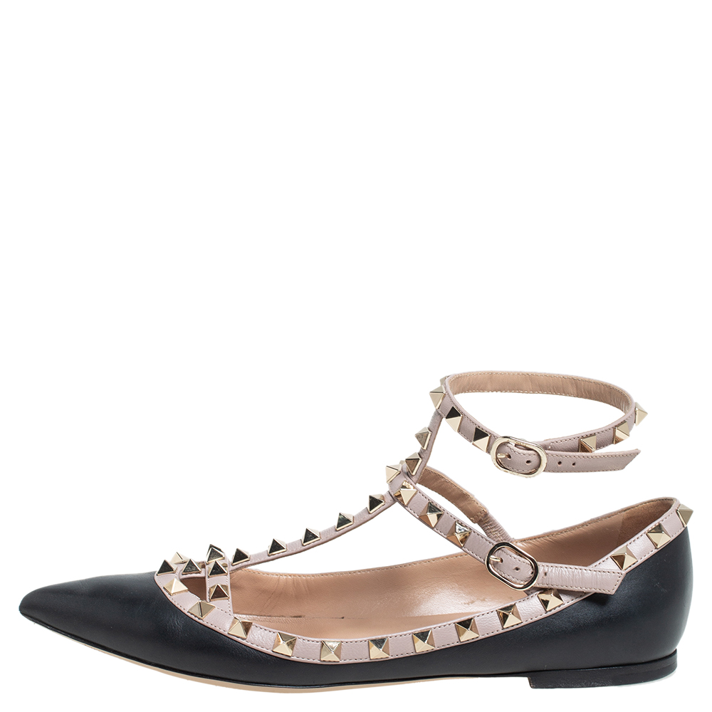 

Valentino Beige/Black Leather Rockstud Ankle Strap Flats Size