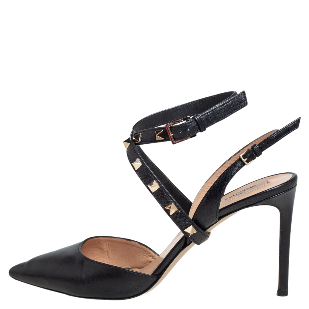 

Valentino Black Leather Rockstud Ankle Strap Sandals Size