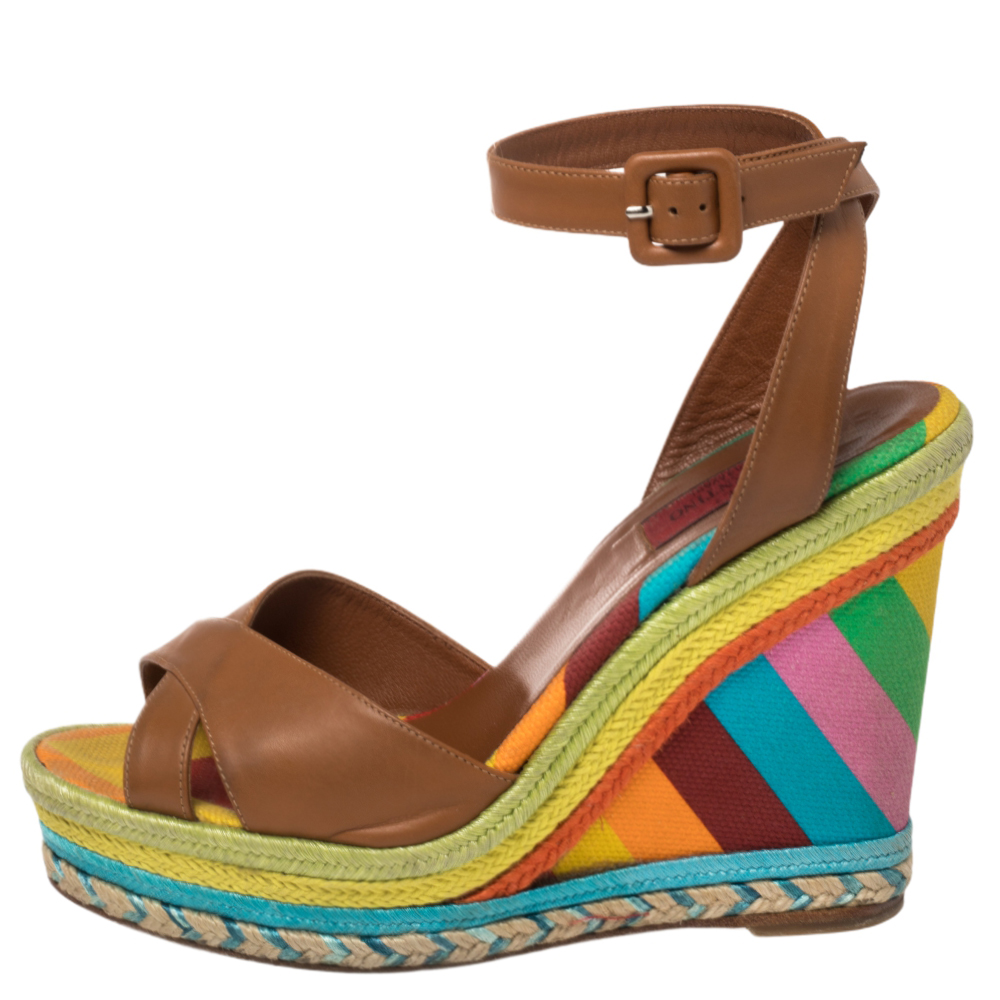 

Valentino Multicolor Leather and Canvas 1973 Espadrille Wedge Ankle Strap Sandals Size