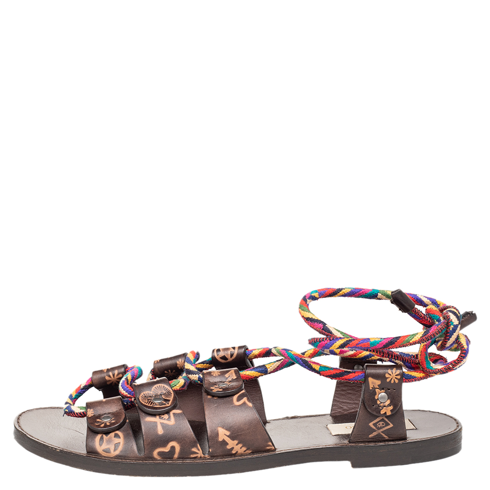 

Valentino Brown Leather And Multicolor Rope Flat Ankle Wrap Sandals Size