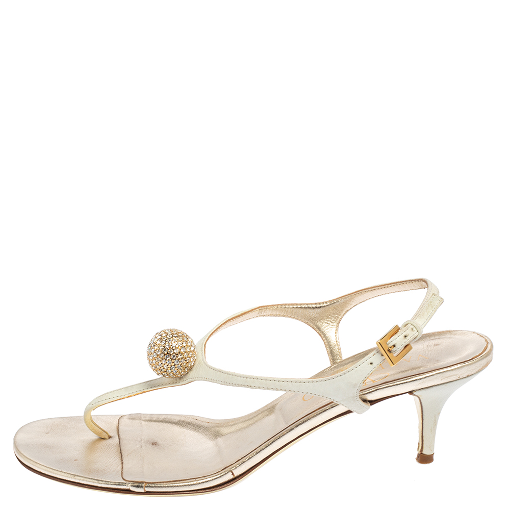 

Valentino White Leather Ball Crystal Embellished T-Strap Sandals Size
