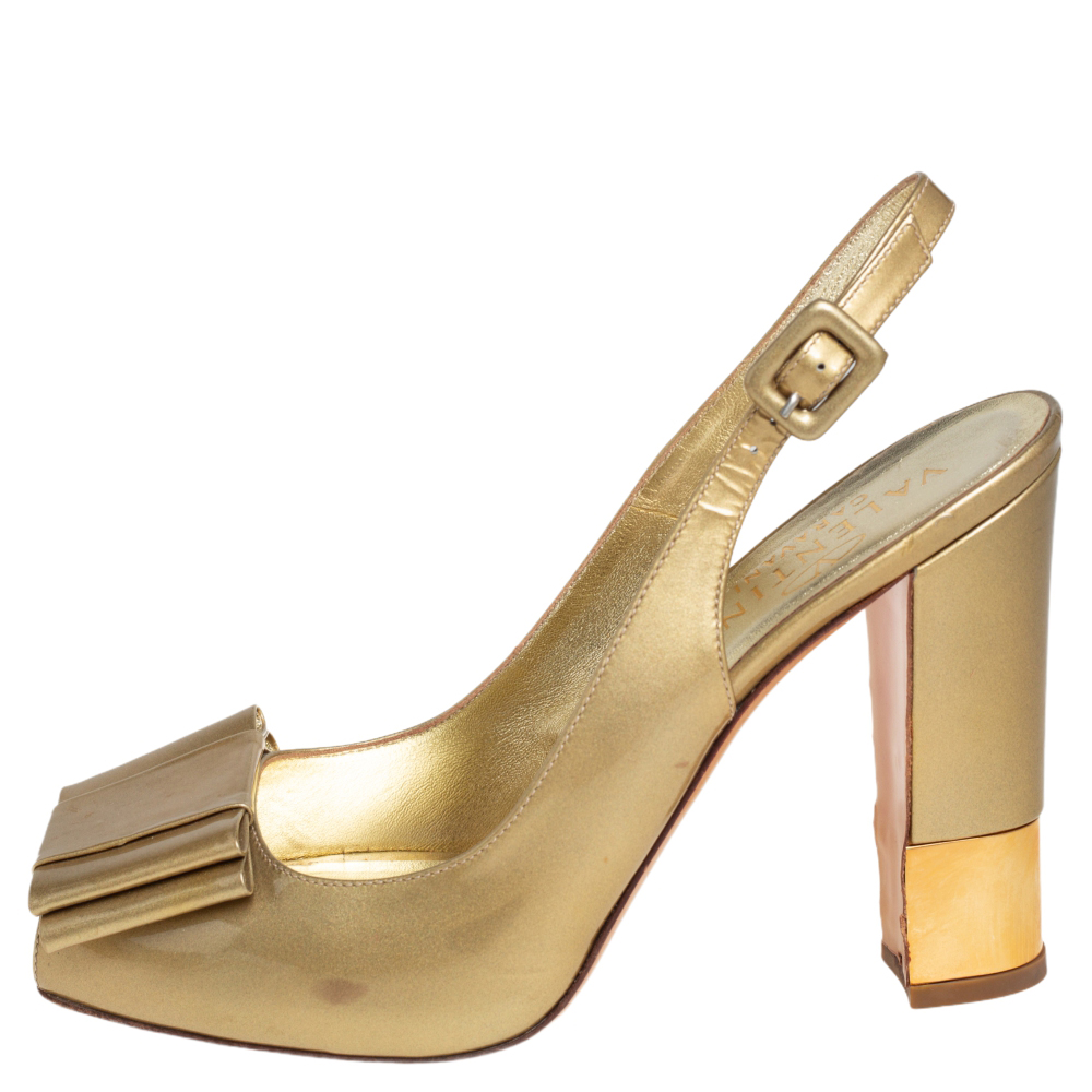 

Valentino Gold Patent Leather Bow Slingback Peep Toe Sandals Size