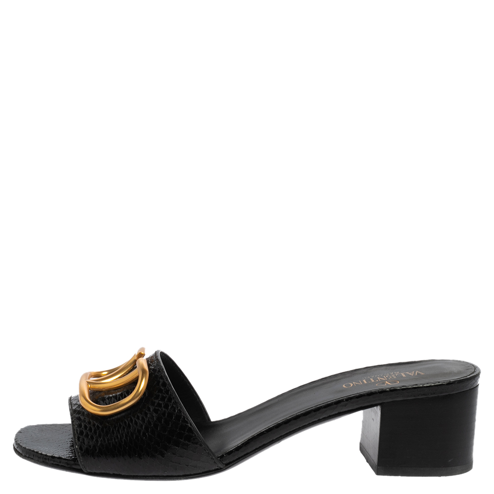 

Valentino Black Snakeskin VLogo Slide Sandals Size