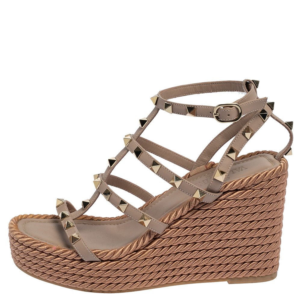 

Valentino Beige Leather Rockstud Strappy Wedge Sandals Size