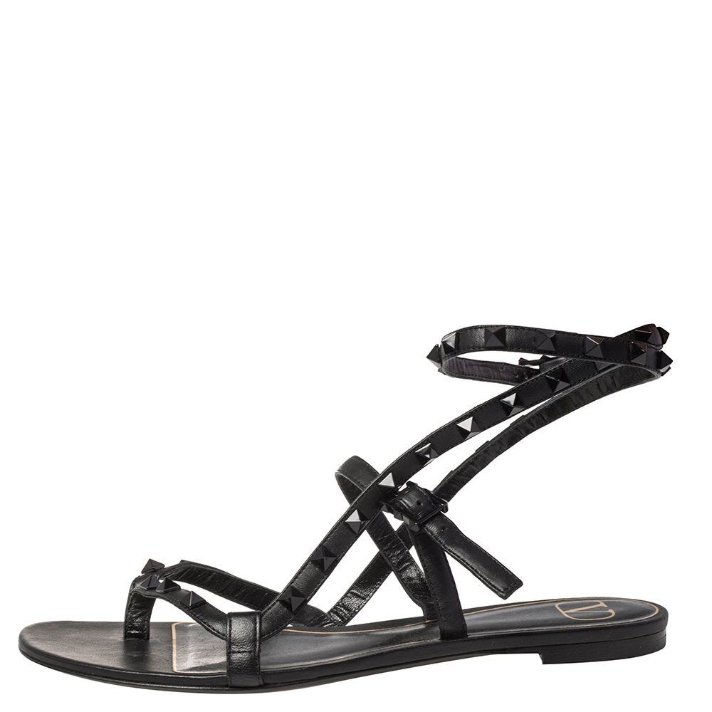 

Valentino Black Leather Rockstud Ankle Strap Flair Flat Sandals Size