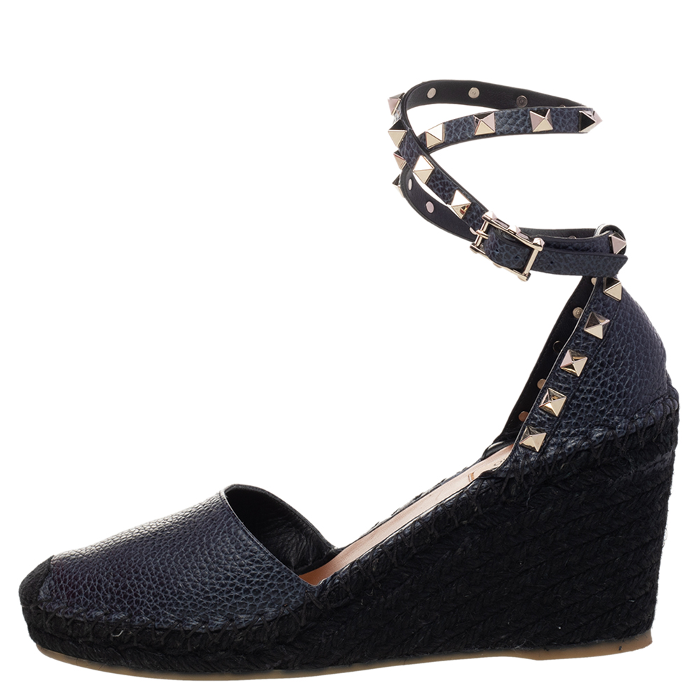 

Valentino Black Leather Rockstud Espadrille Wedge Sandals Size