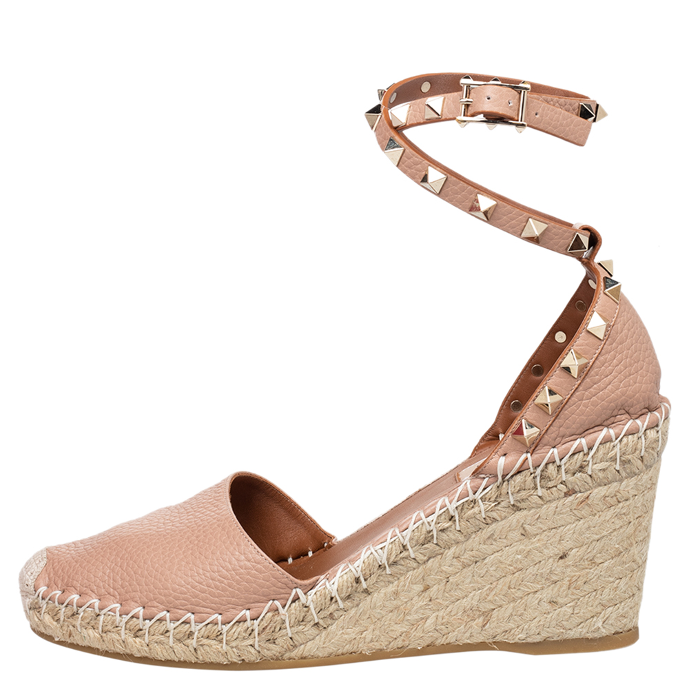 

Valentino Pink Leather Rockstud Espadrille Wedge Sandals Size