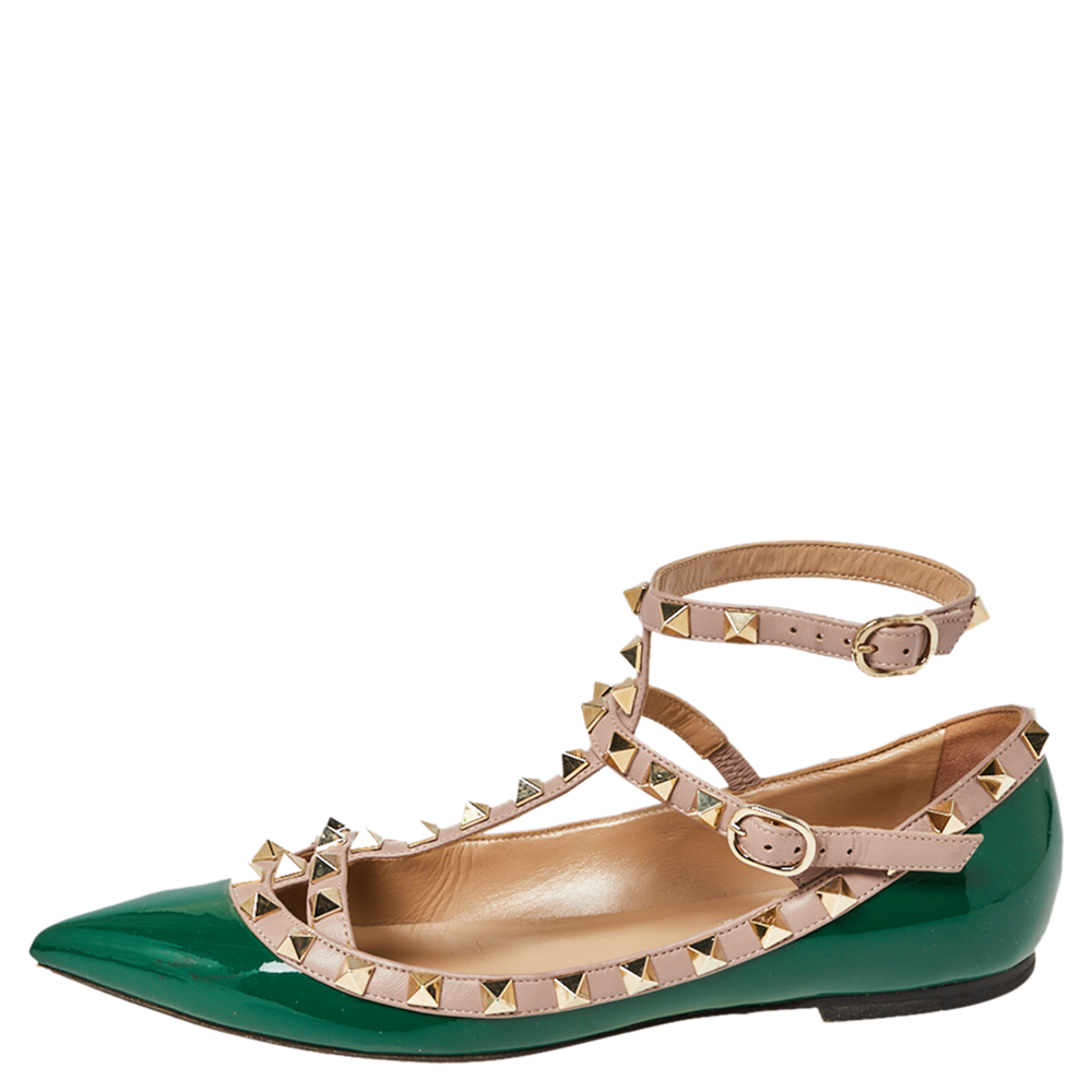 

Valentino Green/Beige Patent Leather Rockstud Flats Size