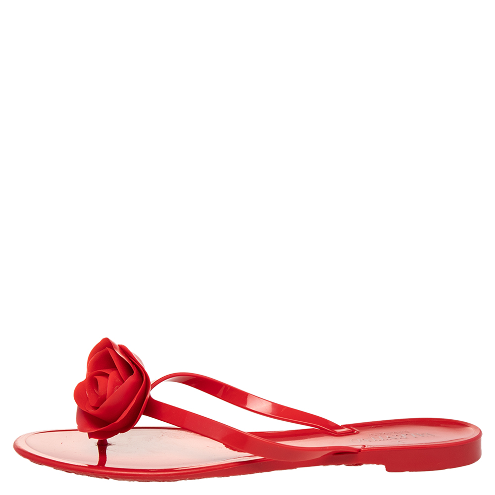 

Valentino Red PVC Couture Rose Thong Flat Sandals Size