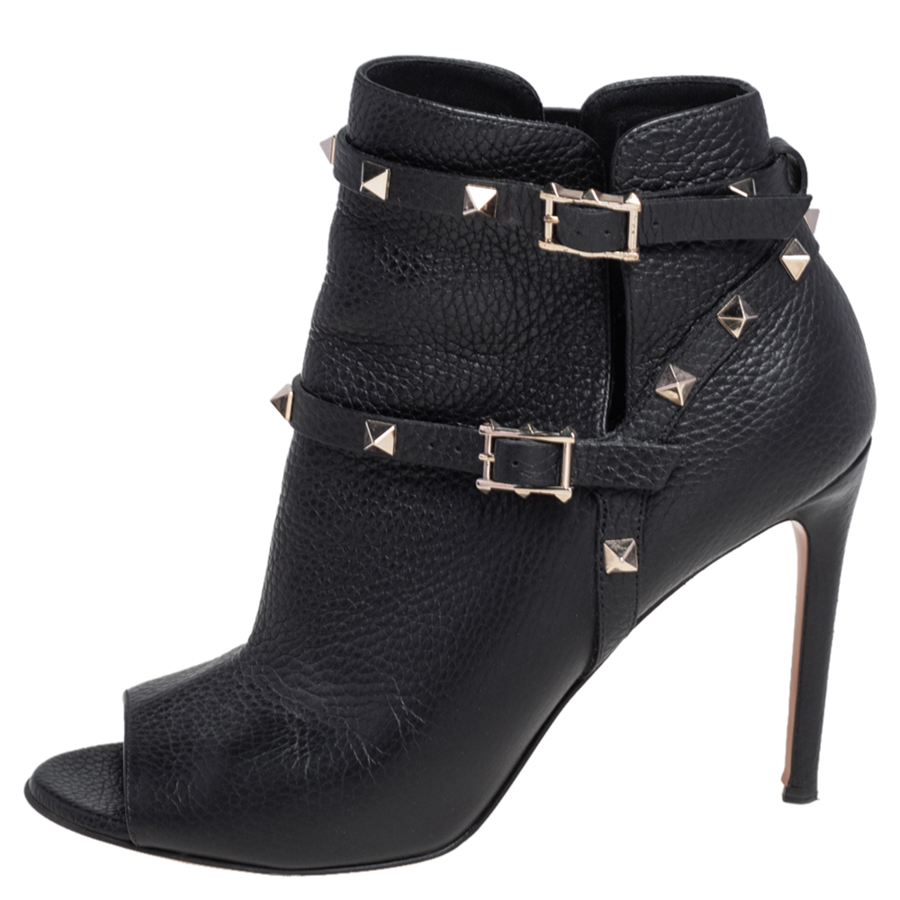 

Valentino Black Leather Rockstud Open Toe Ankle Boots Size