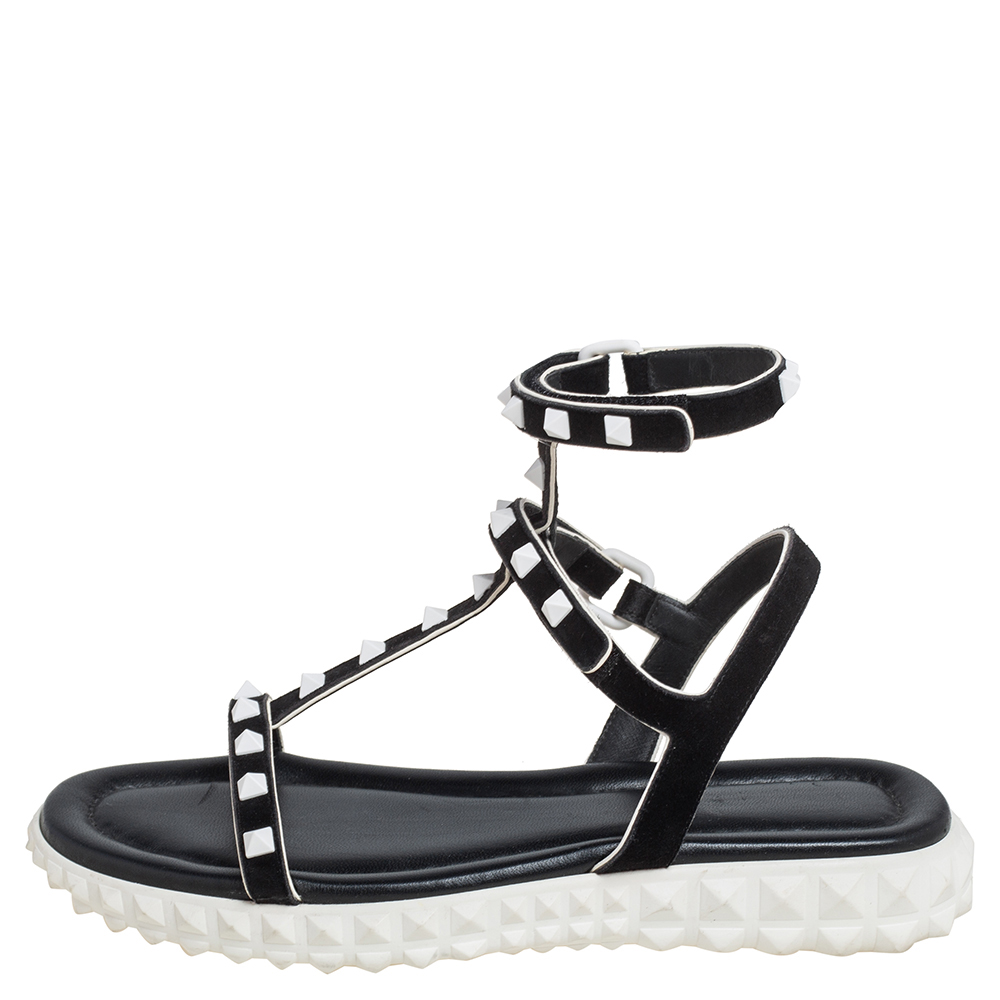 

Valentino Black Suede And Leather Rockstud Ankle Strap Flat Sandals Size