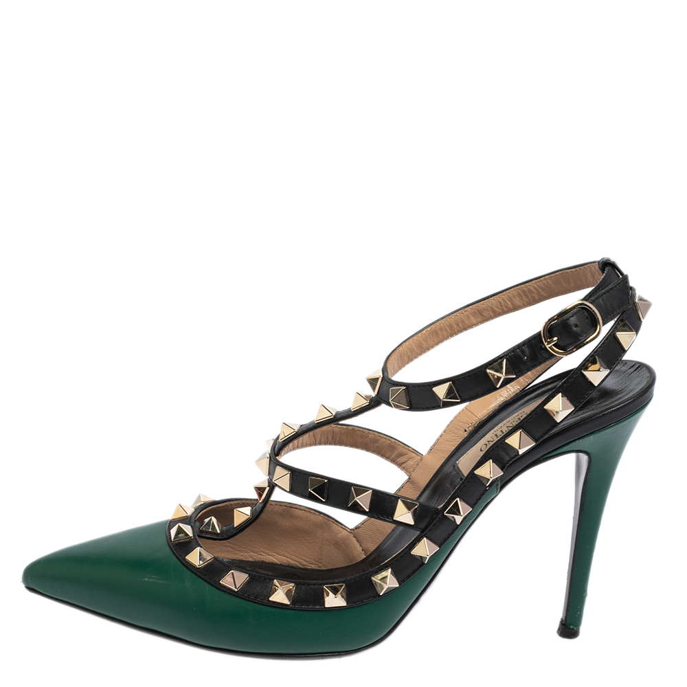 

Valentino Black/Green Leather Rockstud Pointed Toe Sandals Size