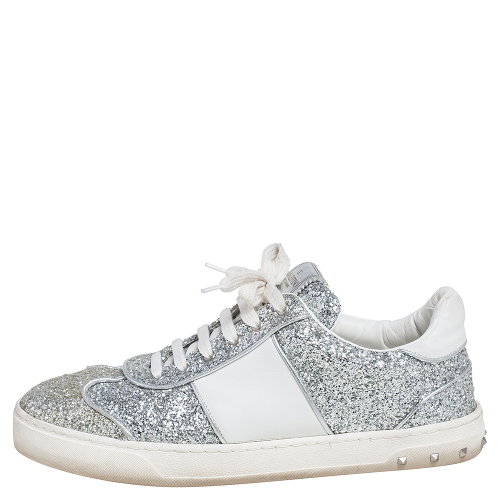 

Valentino Silver/White Glitter and Leather Fly Crew Low Top Sneakers Size