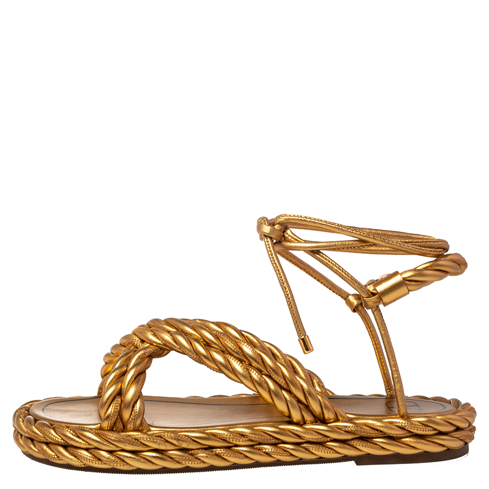 

Valentino Gold Leather The Rope Ankle Wrap Flat Sandals Size
