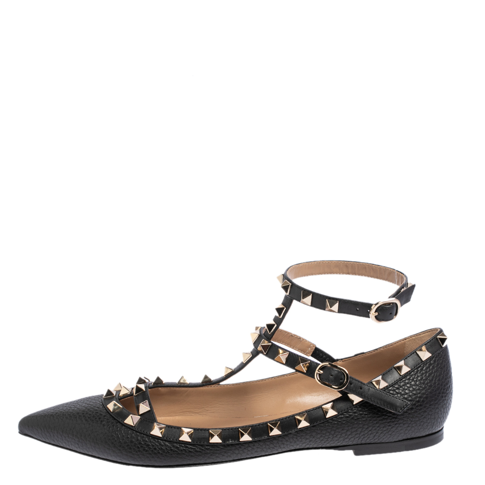 

Valentino Black Leather Rockstud Ankle Strap Ballet Flats Size