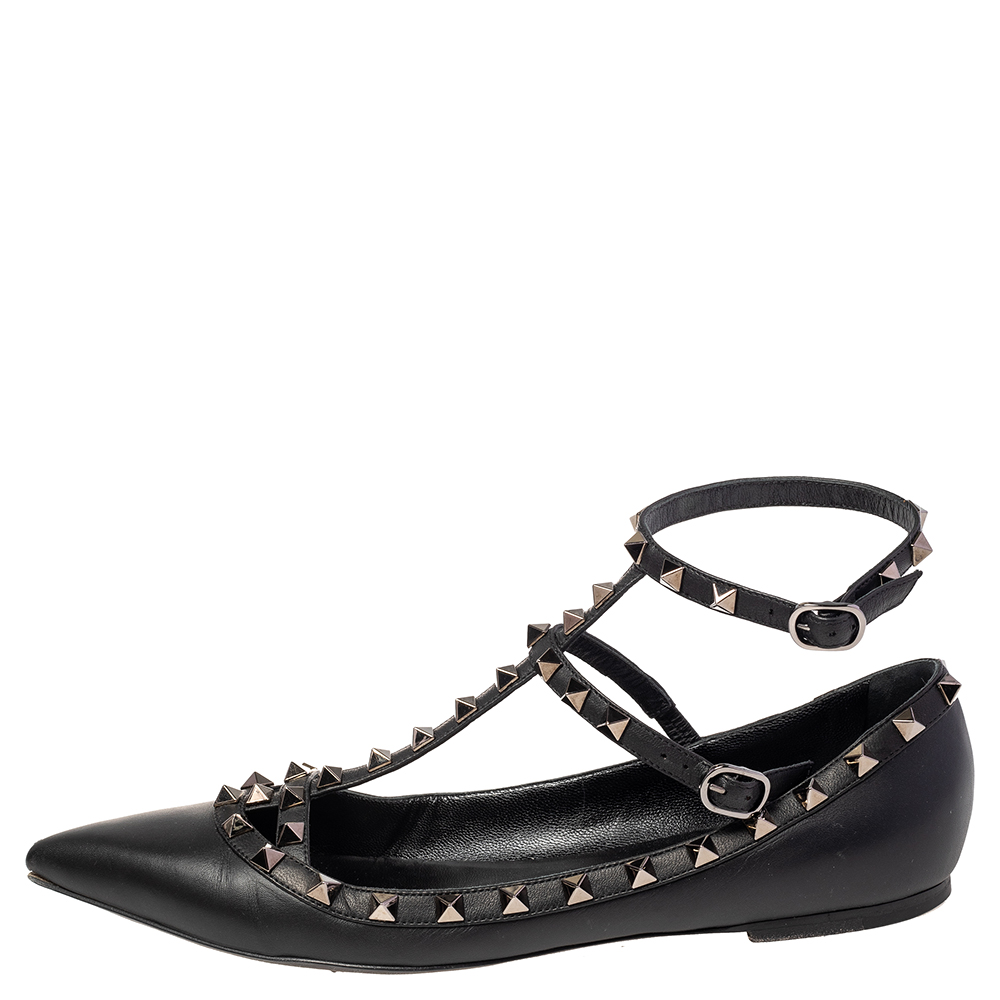 

Valentino Black Leather Rockstud Caged Ballet Flats Size