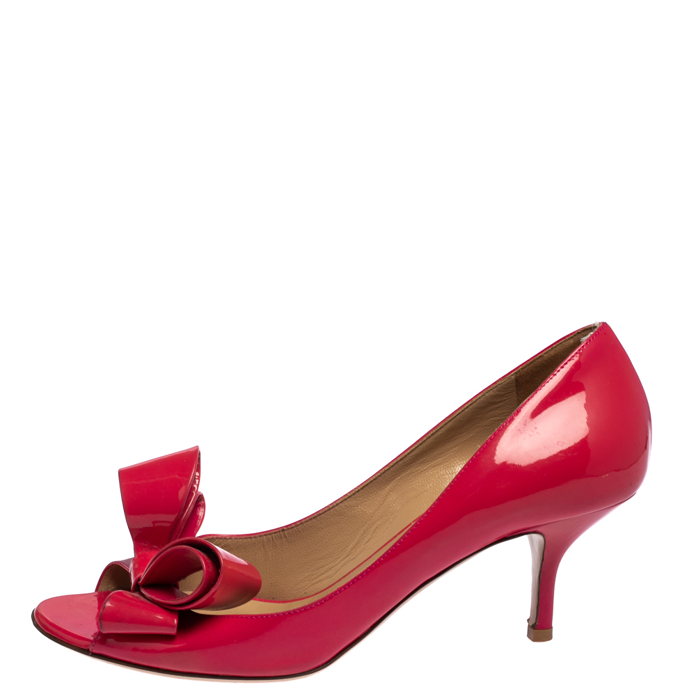 

Valentino Pink Patent Leather Bow Peep Toe Pumps Size