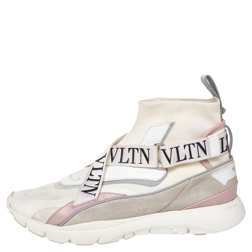 

Valentino White Knit Fabric And Leather VLTN High Top Sneakers Size