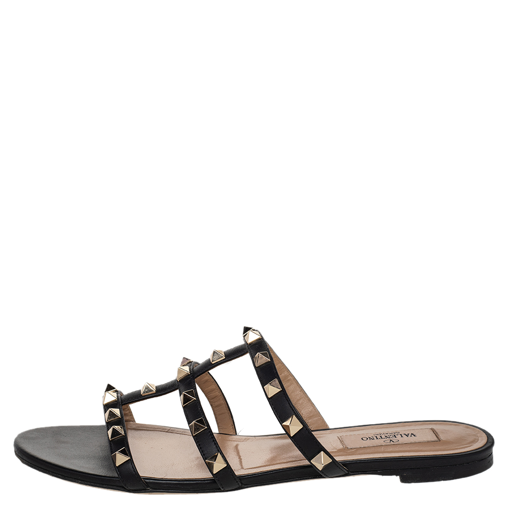 

Valentino Black Leather Rockstud Open Toe Flat Slides Size