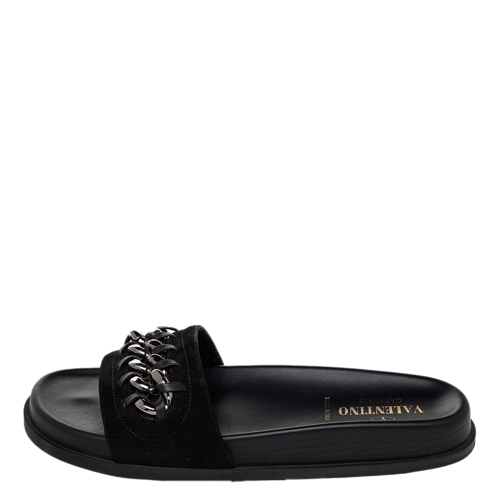

Valentino Black Suede And Leather Chain Flat Slide Sandals Size