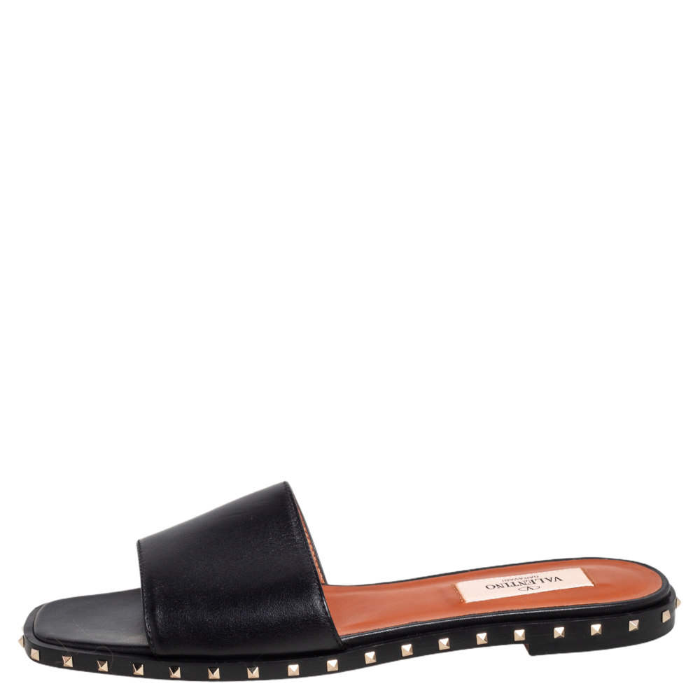 

Valentino Black Leather Rockstud Slide Flats Size