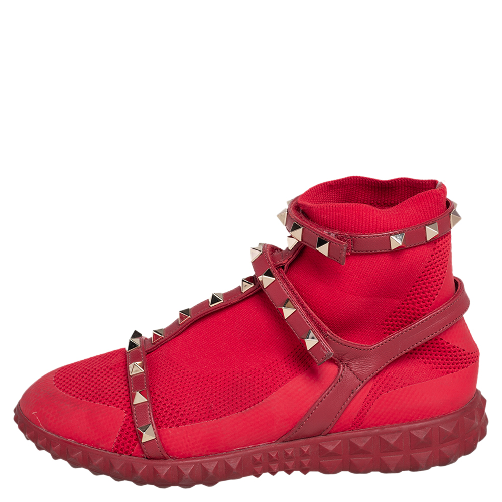 

Valentino Red Knit Fabric and Leather Rockstud Bodytech High Top Sneakers Size