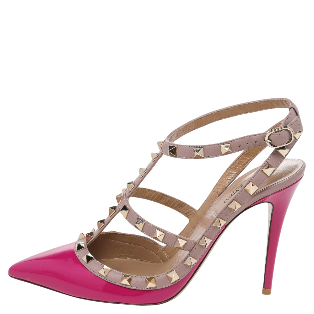 

Valentino Fuchsia/Beige Patent Leather And Leather Rockstud Pointed Toe Ankle Strap Sandals Size, Pink