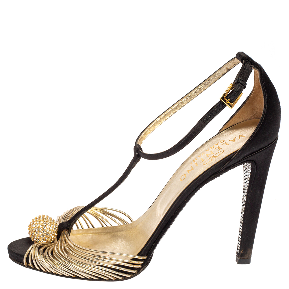 

Valentino Black/Gold Leather And Satin Crystal Ball Embellished T-Strap Sandals Size