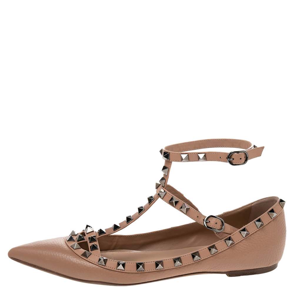 

Valentino Beige Leather Rockstud Ankle Strap Ballet Flats Size
