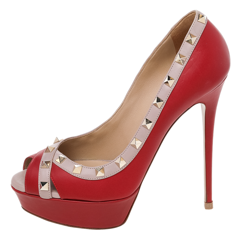 

Valentino Red/Beige Leather Rockstud Crisscross Peep Toe Platform Pumps Size