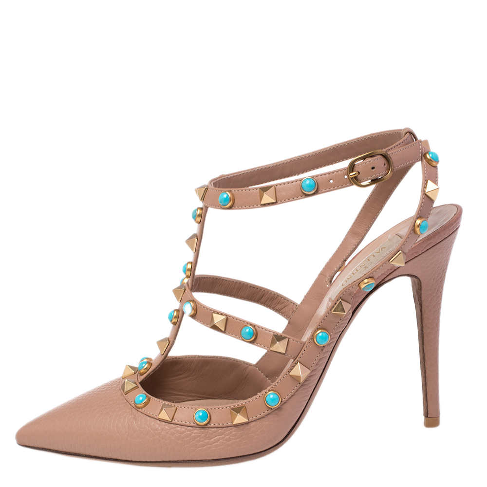 

Valentino Beige Leather Rolling Rockstud Ankle Strap Sandals Size