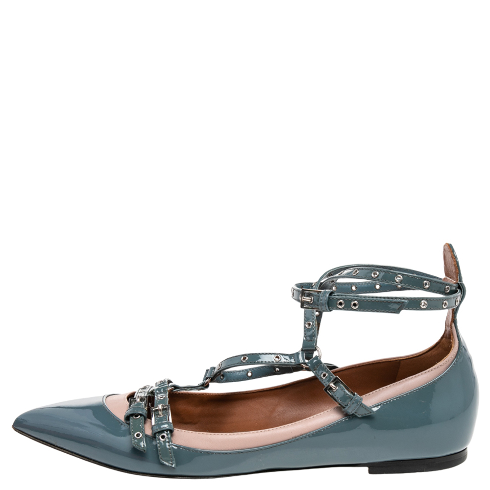 

Valentino Blue/Beige Patent Leather Love Latch Ballet Flats Size .5