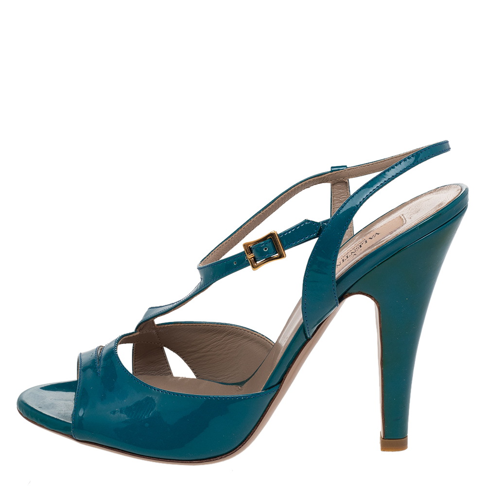

Valentino Blue Patent Leather Peep Toe Sandals Size