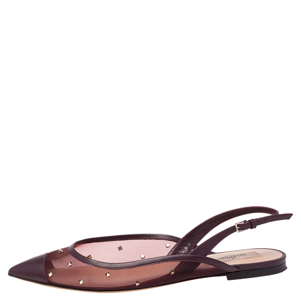 

Valentino Burgundy Mesh and Leather Rockstud Slingback Flat Sandals Size