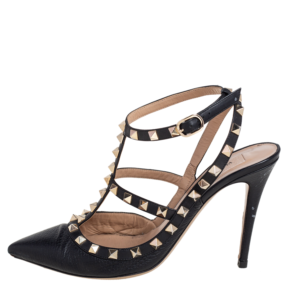 

Valentino Black Leather Rockstud Pointed Toe Ankle Strap Sandals Size