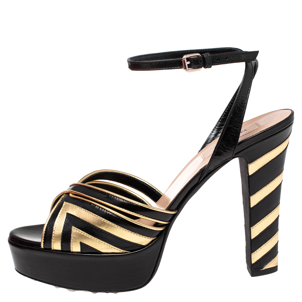 

Valentino Black/Gold Leather Fever Platform Sandals Size