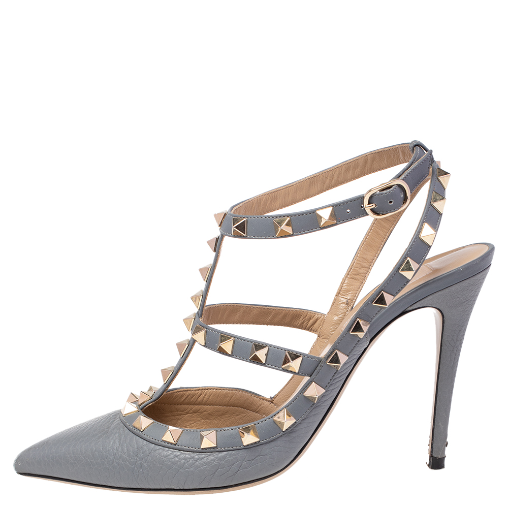 

Valentino Stone Blue Leather Rockstud Pointed Toe Sandals Size